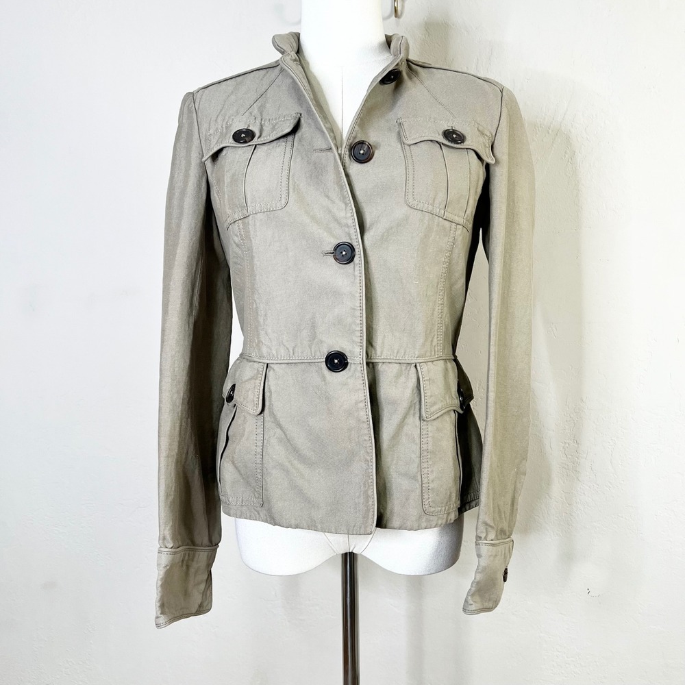 Proenza Schouler Utility Military Jacket Beige Cotton Linen Button Up Peplum 6